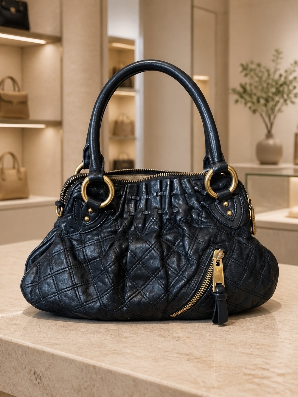 Marc Jacobs Black Quilted Leather Shoulder Bag with Gold Hardware